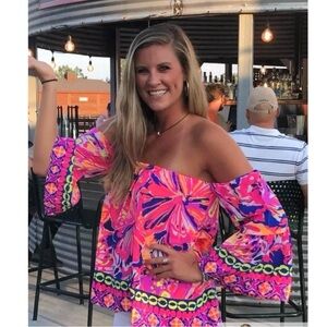 Lilly Pulitzer Sanilla Silk Off The Shoulder Top XXS Pink Fusion Butterfly Neon